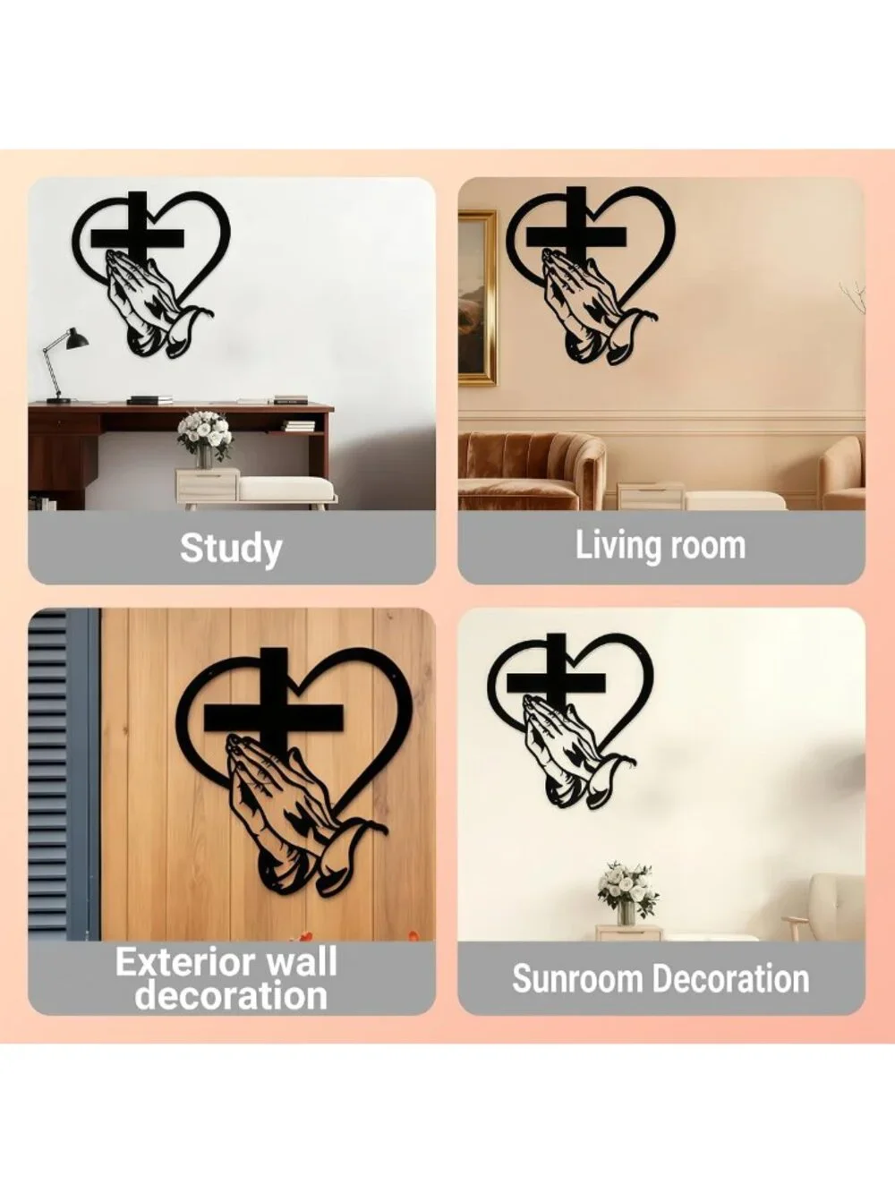 Christian Metal Cross Wall Decor with Sacred Heart & Praying Hands - Farmhouse